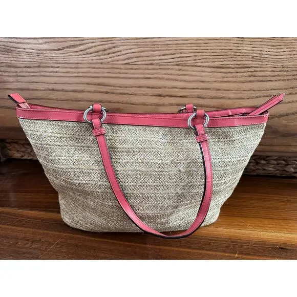 Coach Straw Floral Appliqué Tote – Coral - tea rose - Picture 4 of 11